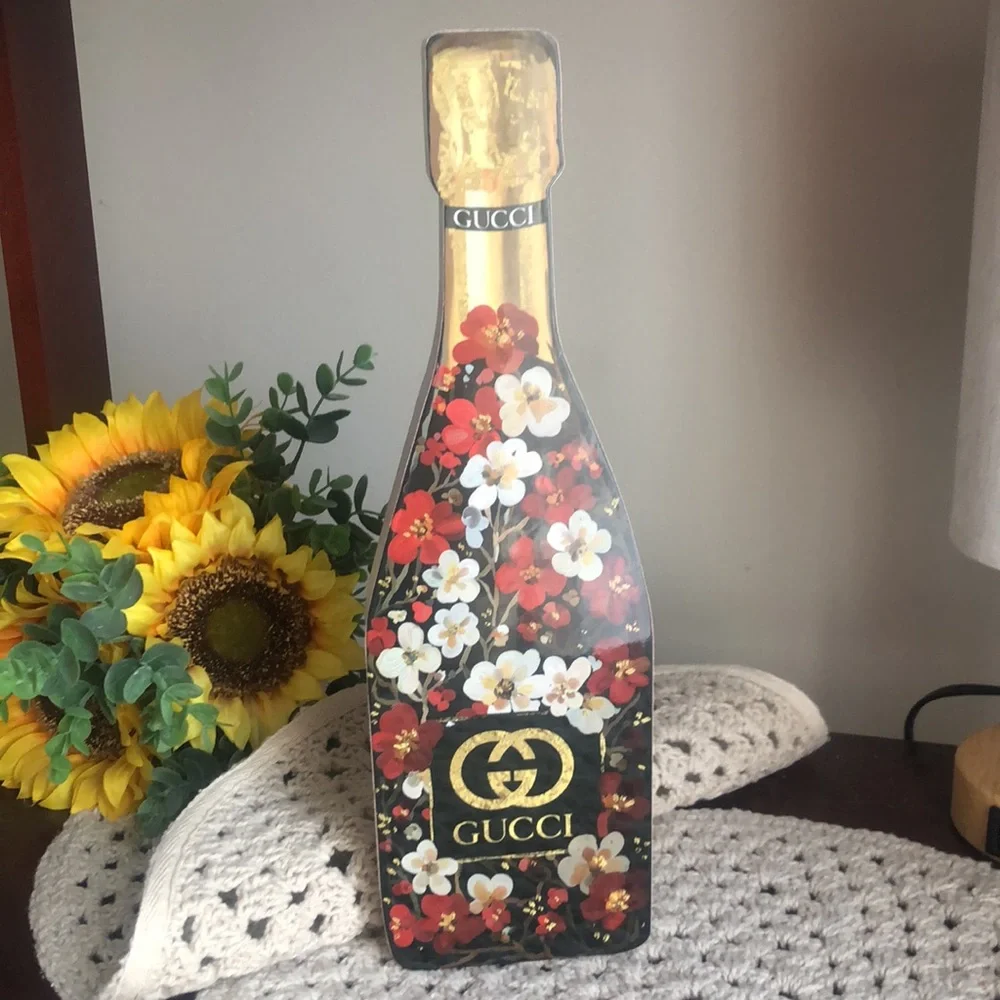 Gucci Red and Gold Floral Champagne Bottle Wooden Home Decor